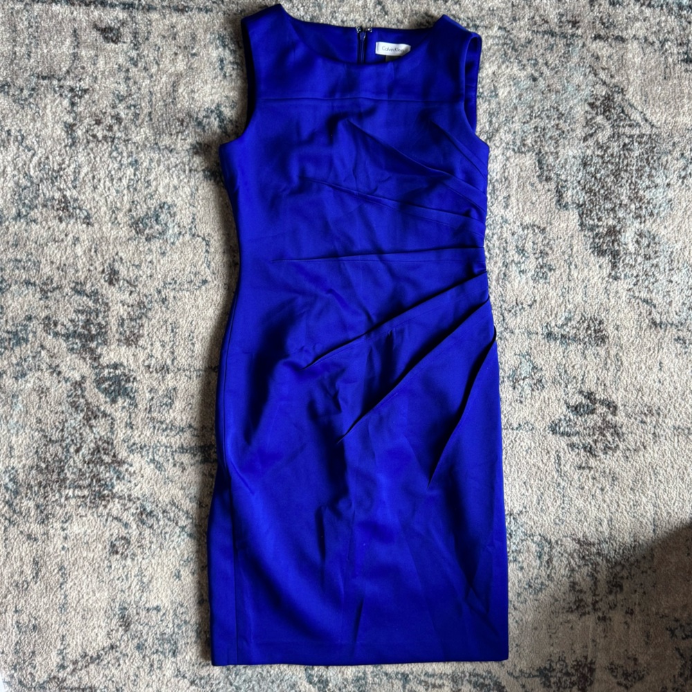 Calvin Klein Sideburst Boat Neck Sleeveless Ruched Pencil Dress in Blue NWT